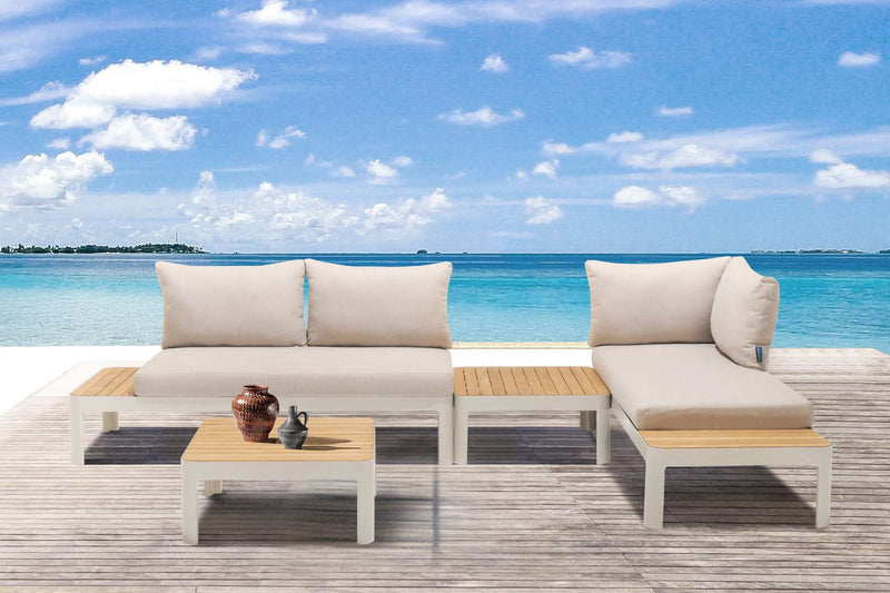 Portals Outdoor 4 Piece Sofa set in Matte Sand Finish with Natural Teak Wood By Armen Living | Outdoor Sofas, Loveseats & Sectionals |  Modishstore 