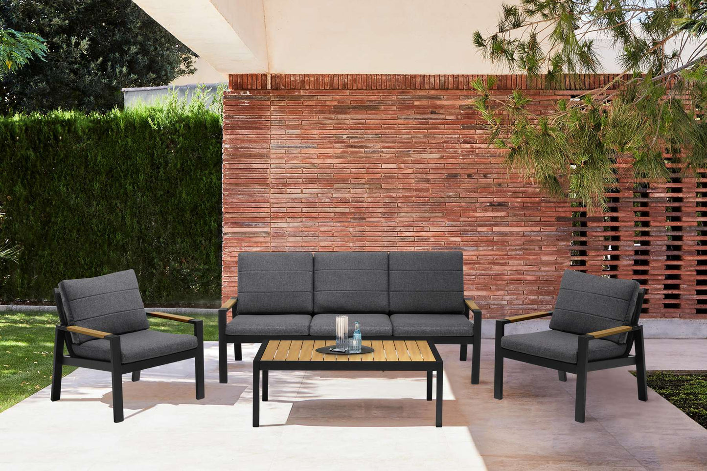 Panama Outdoor 4 Piece Black Aluminum Sofa Seating Set with Dark Grey Olefin By Armen Living | Outdoor Sofas, Loveseats & Sectionals |  Modishstore 