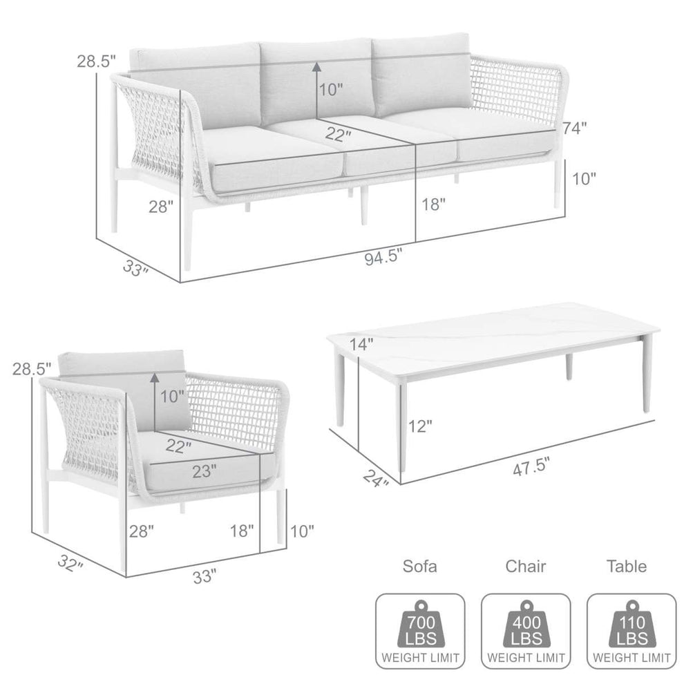 Rhodes Outdoor Patio 4 Piece Conversation Set in Aluminum with Sintered Stone and Gray Cushions By Armen Living | Outdoor Sofas, Loveseats & Sectionals | Modishstore - 8