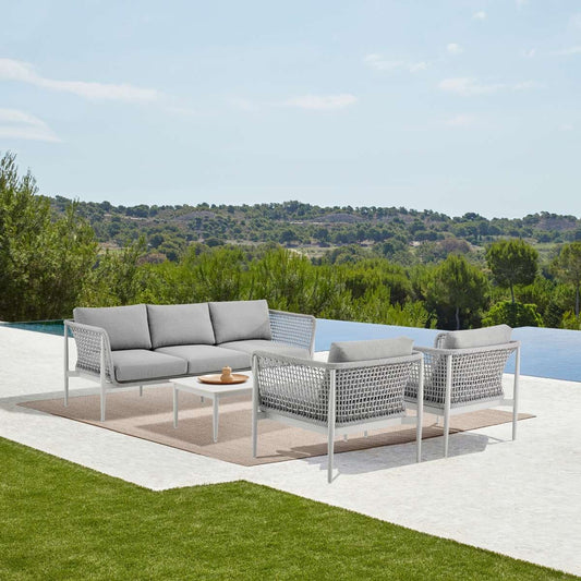 Rhodes Outdoor Patio 4 Piece Conversation Set in Aluminum with Sintered Stone and Gray Cushions By Armen Living | Outdoor Sofas, Loveseats & Sectionals | Modishstore
