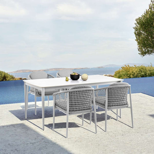Rhodes Outdoor Patio 5 Piece Dining Set in Aluminum with Sintered Stone and Gray Cushions By Armen Living | Outdoor Dining Sets | Modishstore