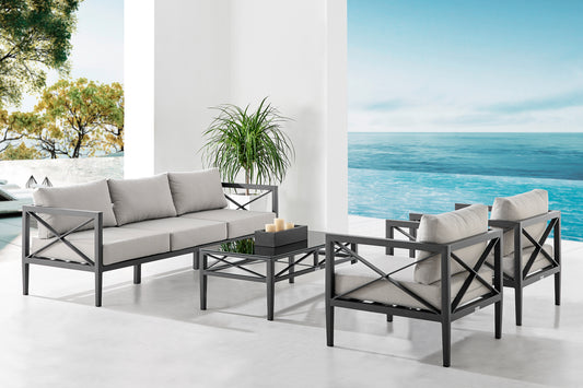 Sonoma Outdoor 4 piece Set in Dark Grey Finish and Light Grey Cushions By Armen Living | Outdoor Sofas, Loveseats & Sectionals | Modishstore