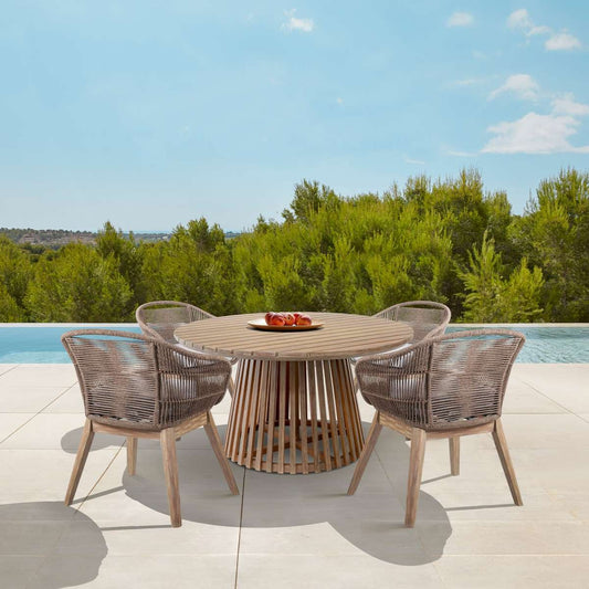 Escondido Tutti Frutti Outdoor Patio 5 Piece Round Dining Set in Eucalyptus Wood with Truffle Rope and Gray Cushions By Armen Living | Outdoor Dining Sets | Modishstore