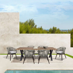 Glendora Tutti Frutti Outdoor Patio 7 Piece Live Edge Dining Set in Eucalyptus Wood Gray Rope and Cushions  By Armen Living
