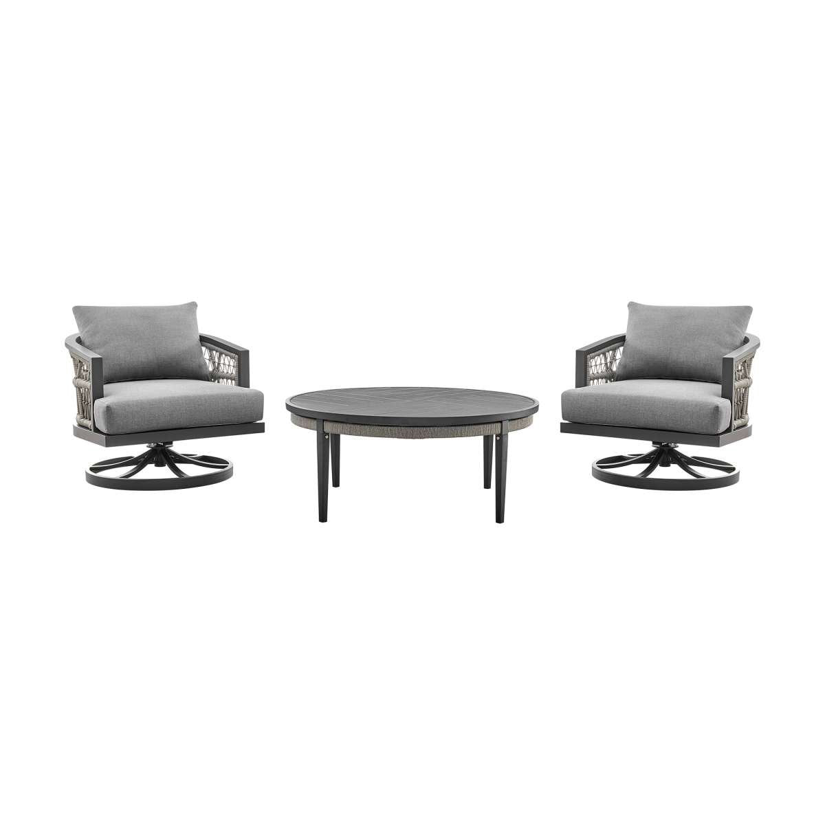 Zella Outdoor Patio 3 Piece Swivel Seating Set in Aluminum with Light Gray Rope and Cushions By Armen Living | Outdoor Chairs | Modishstore - 2