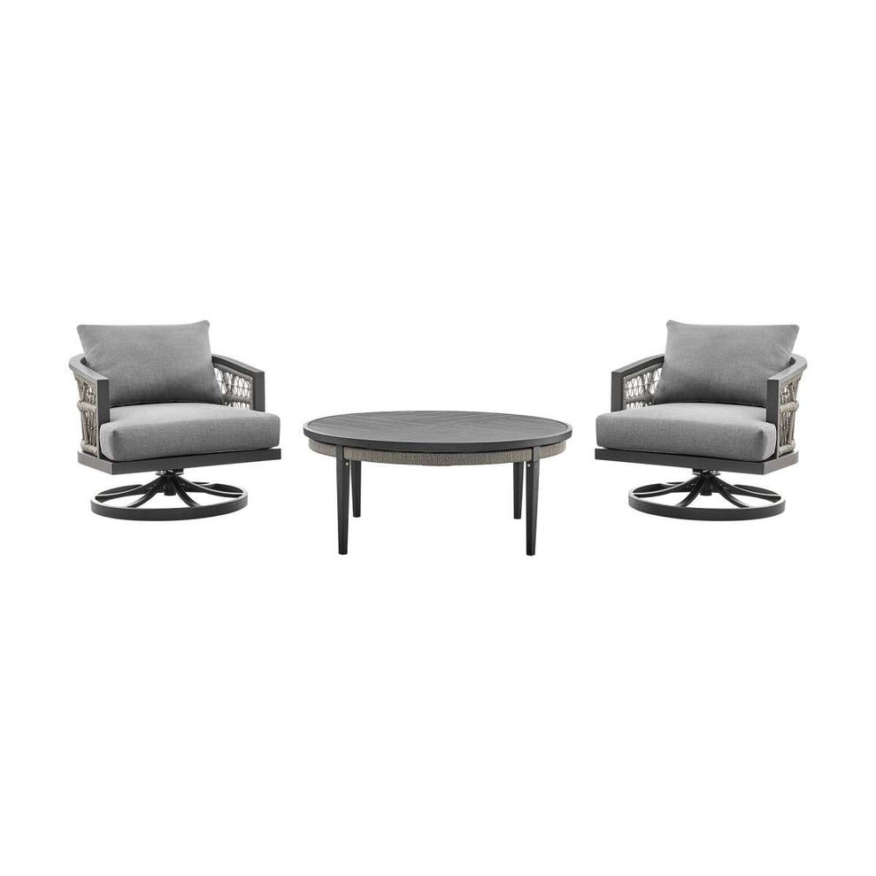 Zella Outdoor Patio 3 Piece Swivel Seating Set in Aluminum with Light Gray Rope and Cushions By Armen Living | Outdoor Chairs | Modishstore - 2