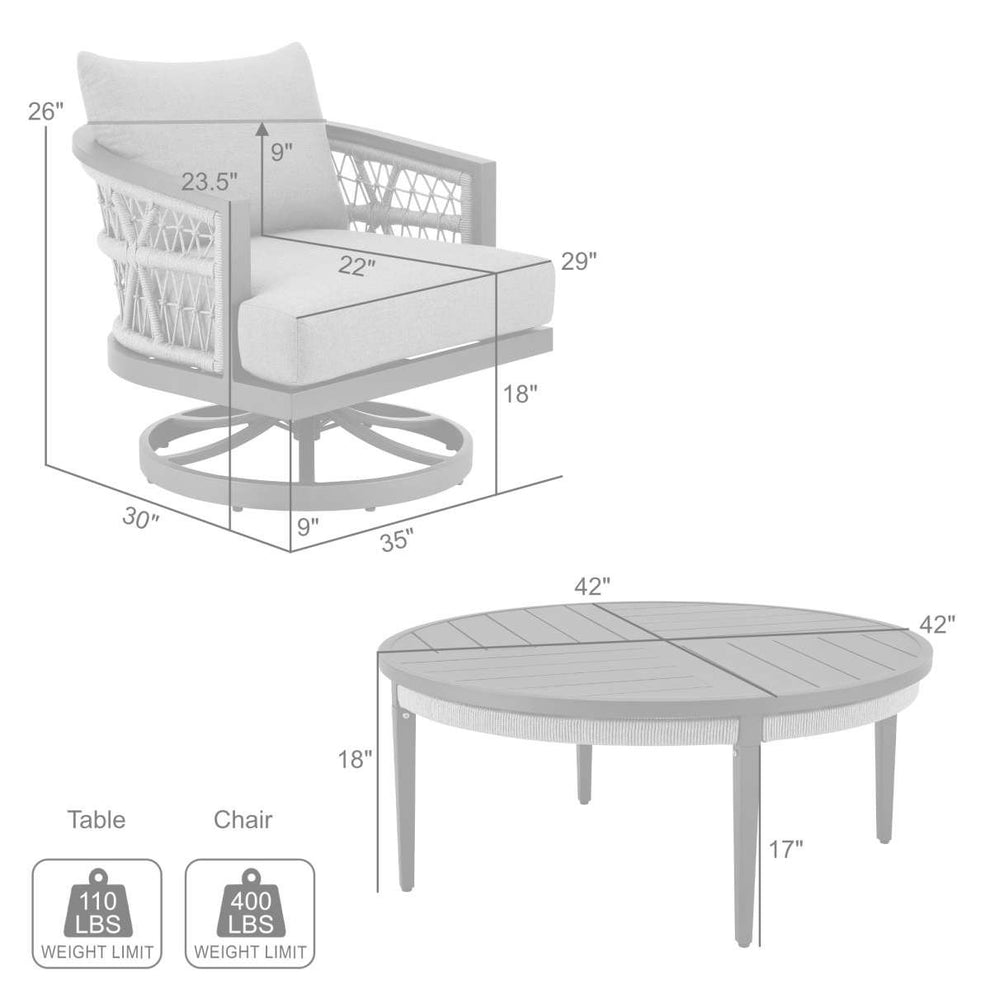 Zella Outdoor Patio 3 Piece Swivel Seating Set in Aluminum with Light Gray Rope and Cushions By Armen Living | Outdoor Chairs | Modishstore - 8