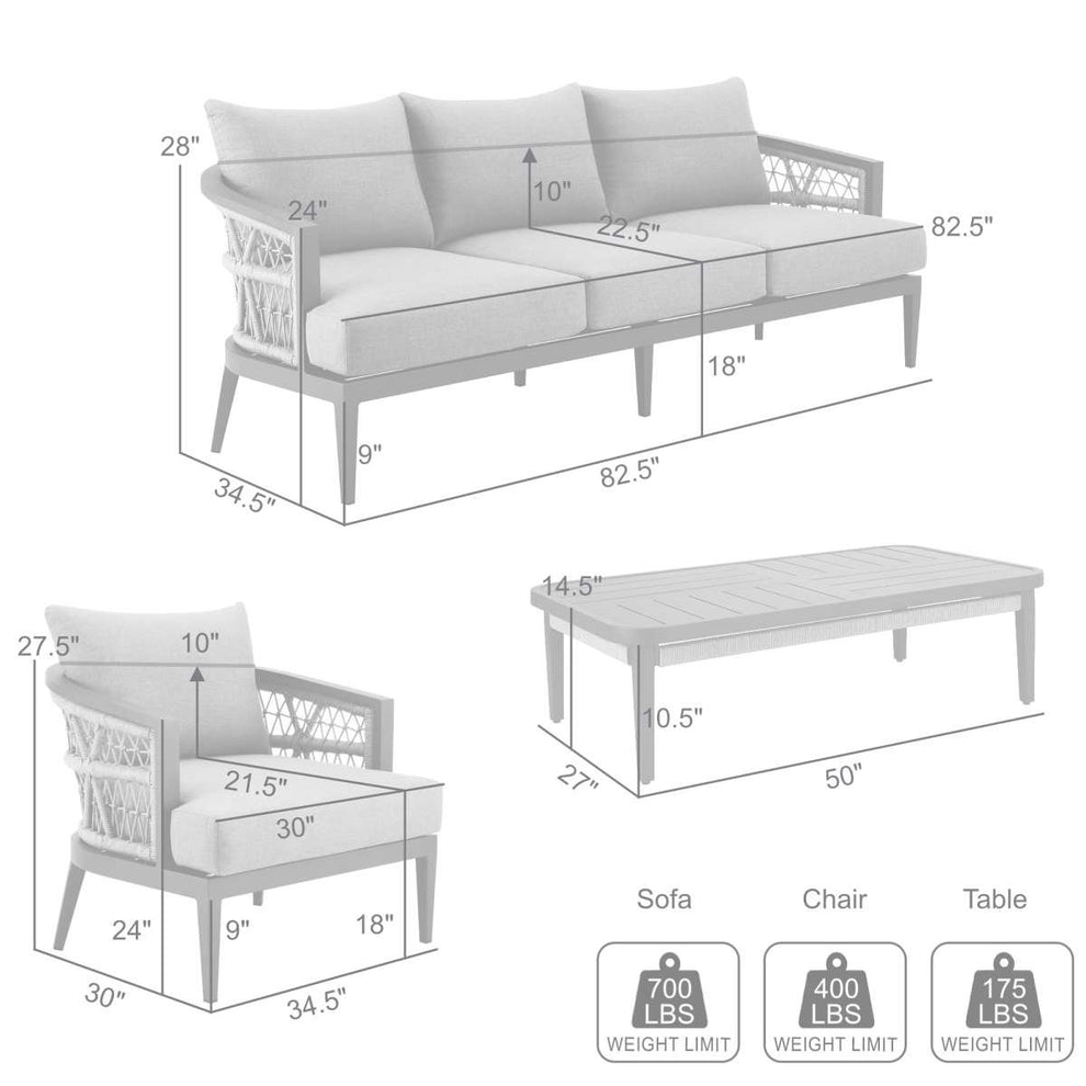 Zella Outdoor Patio 4 Piece Conversation Set in Aluminum with Light Gray Rope and Cushions By Armen Living | Outdoor Sofas, Loveseats & Sectionals | Modishstore - 8