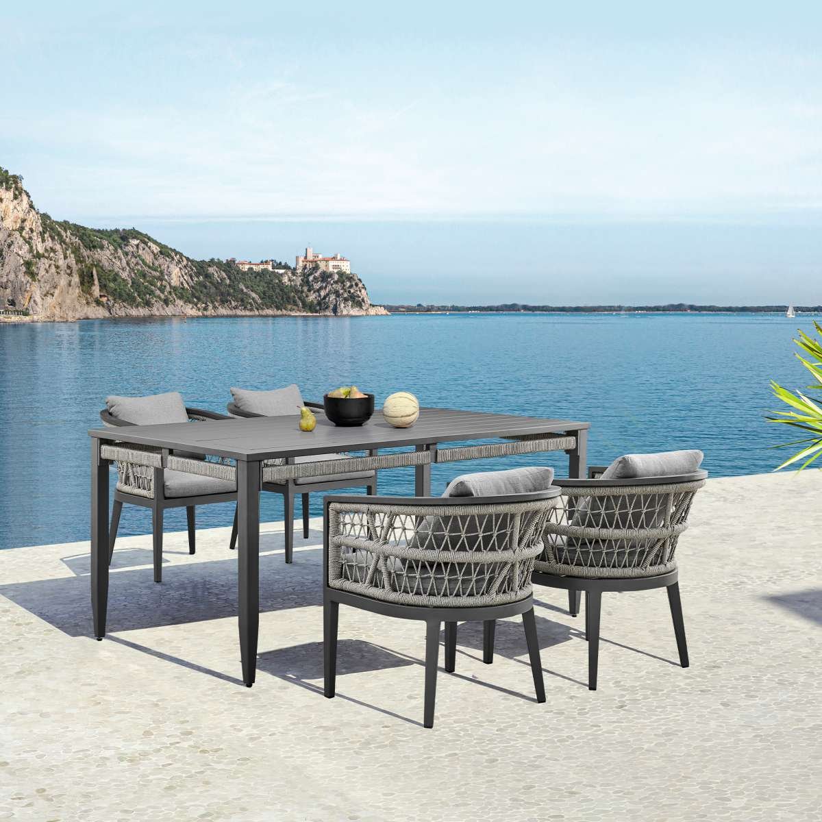 Zella Outdoor Patio 5 Piece Dining Set in Aluminum with Light Gray Rope and Cushions By Armen Living | Outdoor Dining Sets | Modishstore