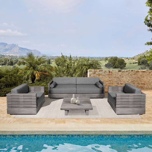 Vivid Outdoor Patio 4 Piece Conversation Set in Gray Eucalyptus Wood with Gray Olefin Cushions
 By Armen Living | Outdoor Sofas, Loveseats & Sectionals | Modishstore