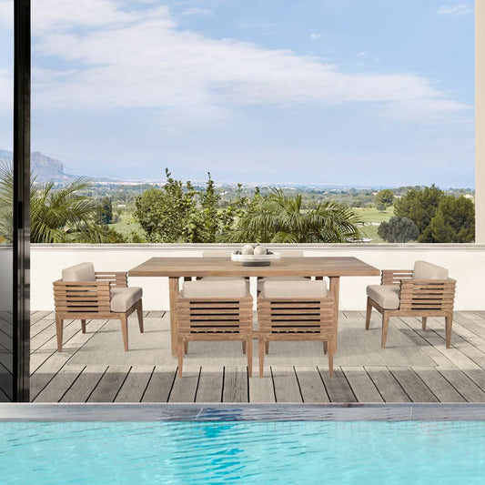 Vivid Outdoor Patio 7 Piece Dining Set in Light Eucalyptus Wood with Taupe Olefin Cushions By Armen Living | Outdoor Dining Sets | Modishstore