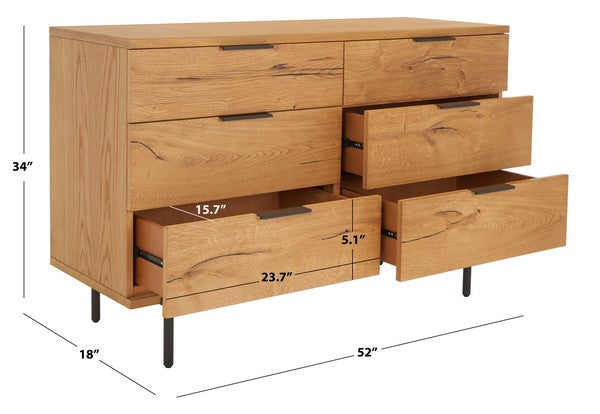 Safavieh Elizabella 6 Drawer Wood Dress - Oak | Dressers | Modishstore - 3
