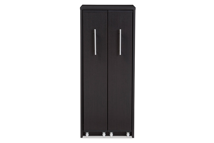 baxton studio lindo dark brown wood bookcase with two pulled out doors shelving cabinet | Modish Furniture Store-3