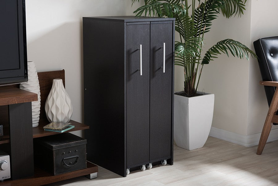 Baxton Studio Lindo Dark Brown Wood Bookcase with Two Pulled-out Doors Shelving Cabinet | Modishstore | Cabinets-2