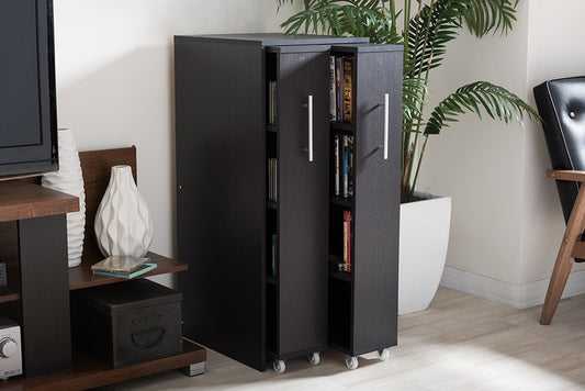 Baxton Studio Lindo Dark Brown Wood Bookcase with Two Pulled-out Doors Shelving Cabinet | Modishstore | Cabinets