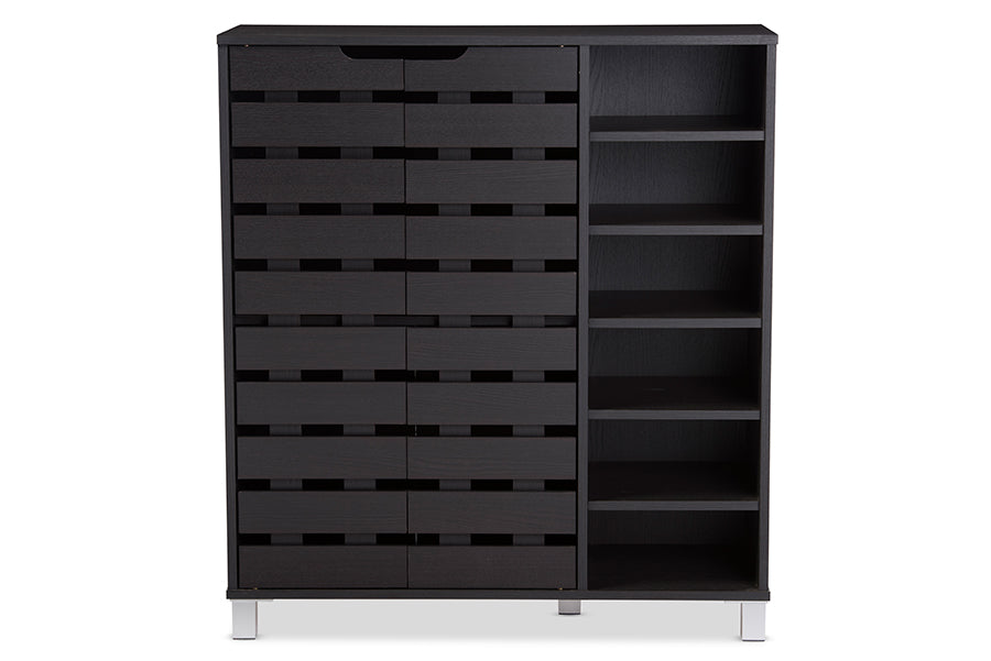 Baxton Studio Shirley Modern and Contemporary Dark Brown Wood 2-Door Shoe Cabinet with Open Shelves | Modishstore | Cabinets