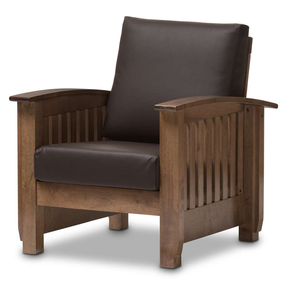 Baxton Studio Charlotte Modern Classic Mission Style Walnut Brown Wood and Dark Brown Faux Leather 1-Seater Lounge Chair | Lounge Chairs | Modishstore - 2