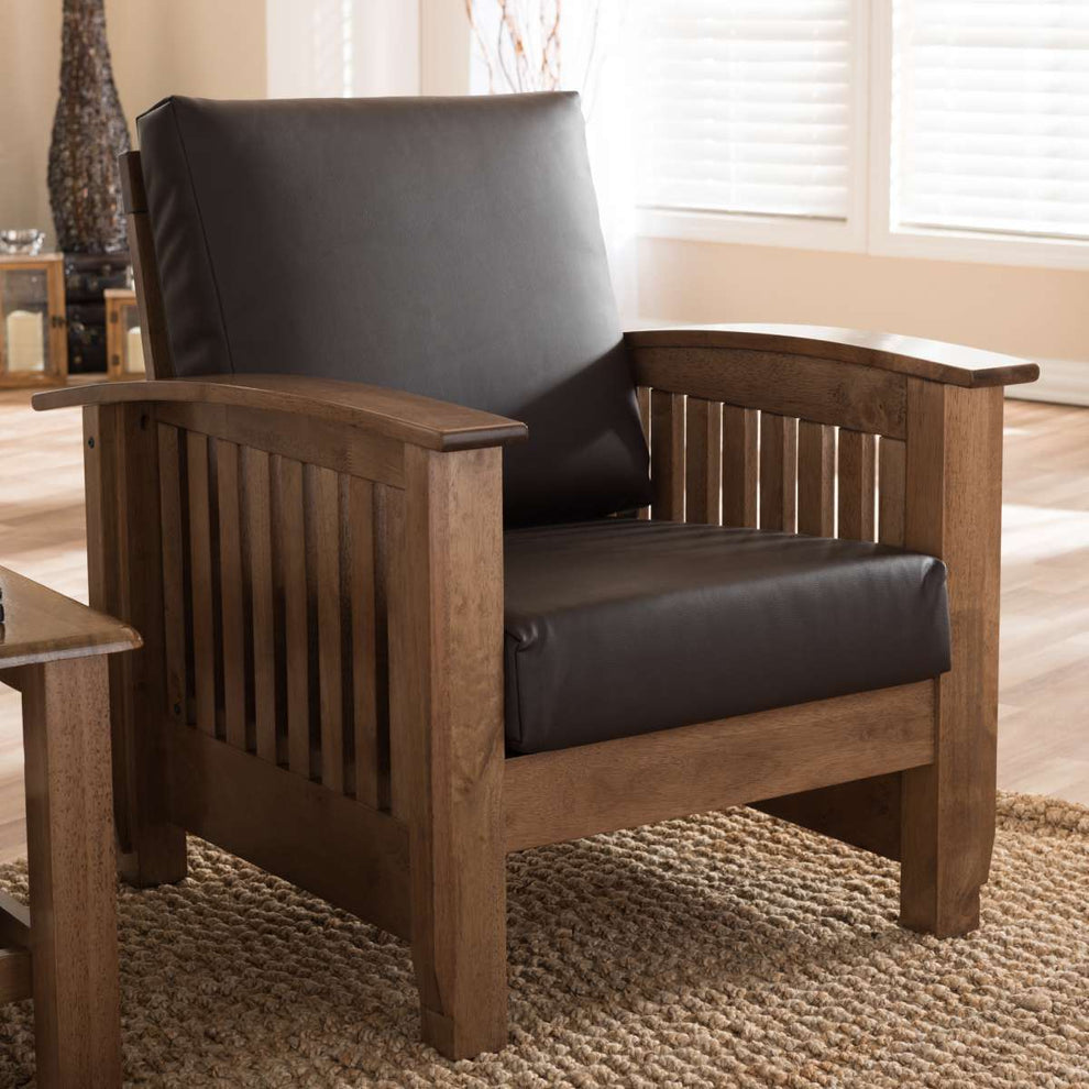 Baxton Studio Charlotte Modern Classic Mission Style Walnut Brown Wood and Dark Brown Faux Leather 1-Seater Lounge Chair | Lounge Chairs | Modishstore
