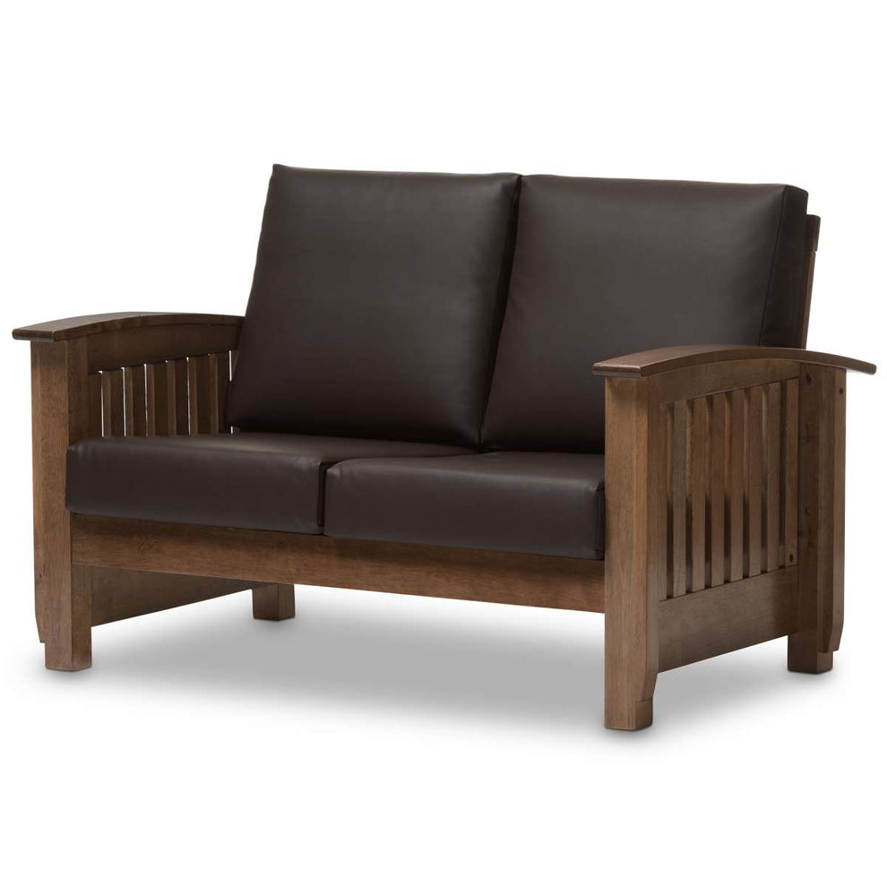 Baxton Studio Charlotte Modern Classic Mission Style Walnut Brown Wood and Dark Brown Faux Leather 2-Seater Loveseat | Loveseats | Modishstore