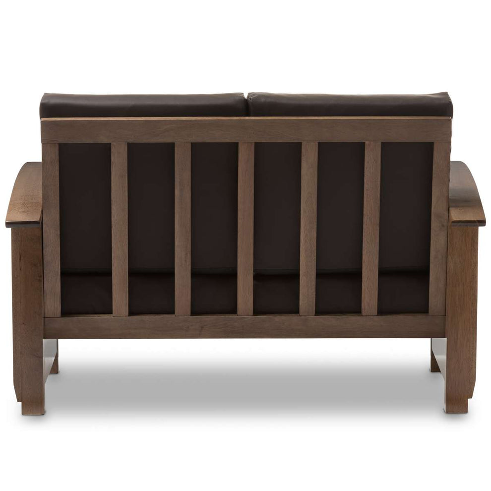 Baxton Studio Charlotte Modern Classic Mission Style Walnut Brown Wood and Dark Brown Faux Leather 2-Seater Loveseat | Loveseats | Modishstore - 2