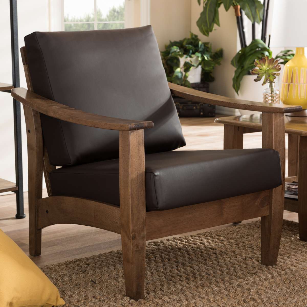 Baxton Studio Pierce Mid-Century Modern Walnut Brown Wood and Dark Brown Faux Leather 1-Seater Lounge Chair | Lounge Chairs | Modishstore