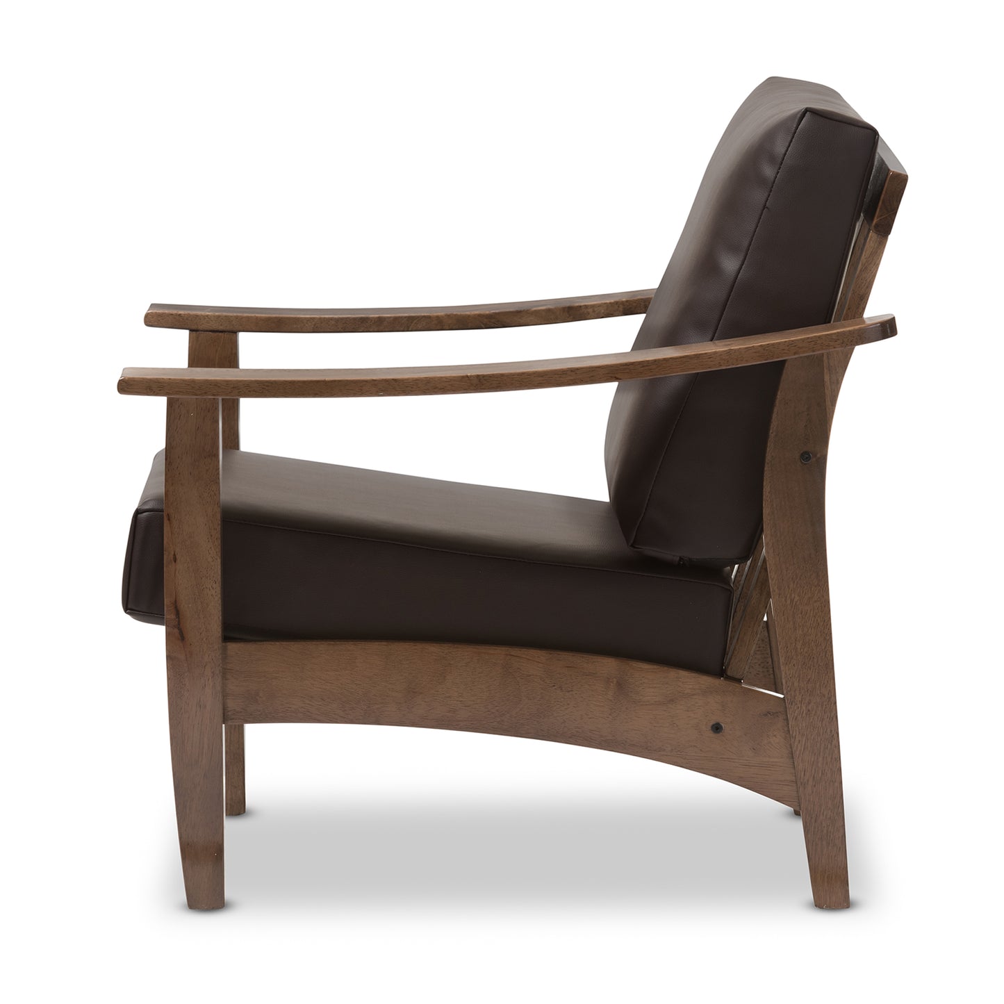 Baxton Studio Pierce Mid-Century Modern Walnut Brown Wood and Dark Brown Faux Leather 1-Seater Lounge Chair | Lounge Chairs | Modishstore - 3