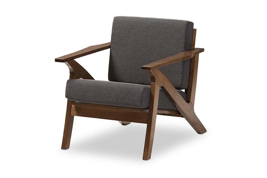 baxton studio cayla mid century modern grey fabric and walnut brown wood living room 1 seater lounge chair | Modish Furniture Store-3