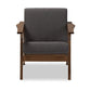 baxton studio cayla mid century modern grey fabric and walnut brown wood living room 1 seater lounge chair | Modish Furniture Store-2