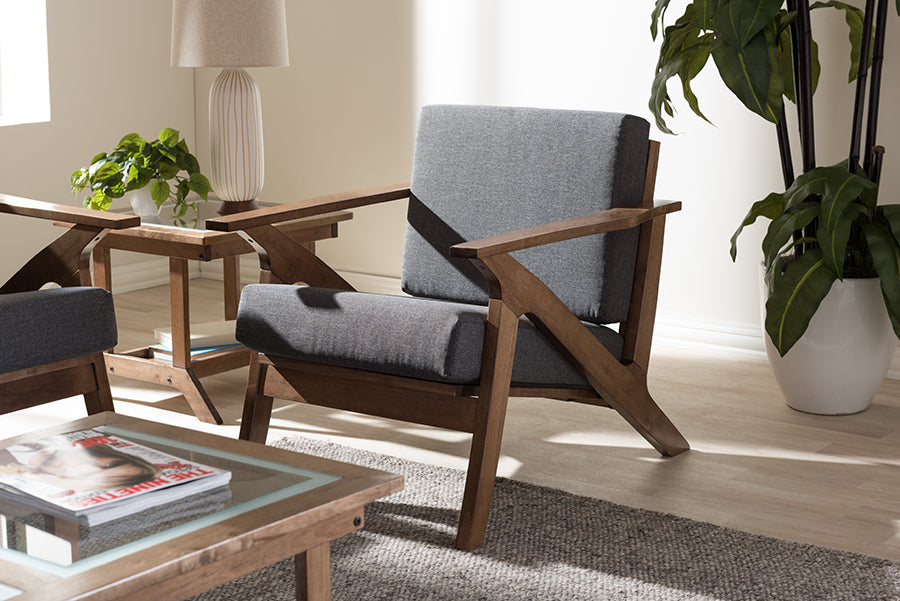 Baxton Studio Cayla Mid-Century Modern Grey Fabric and "Walnut" Brown Wood Living Room 1-Seater Lounge Chair | Modishstore | Lounge Chairs