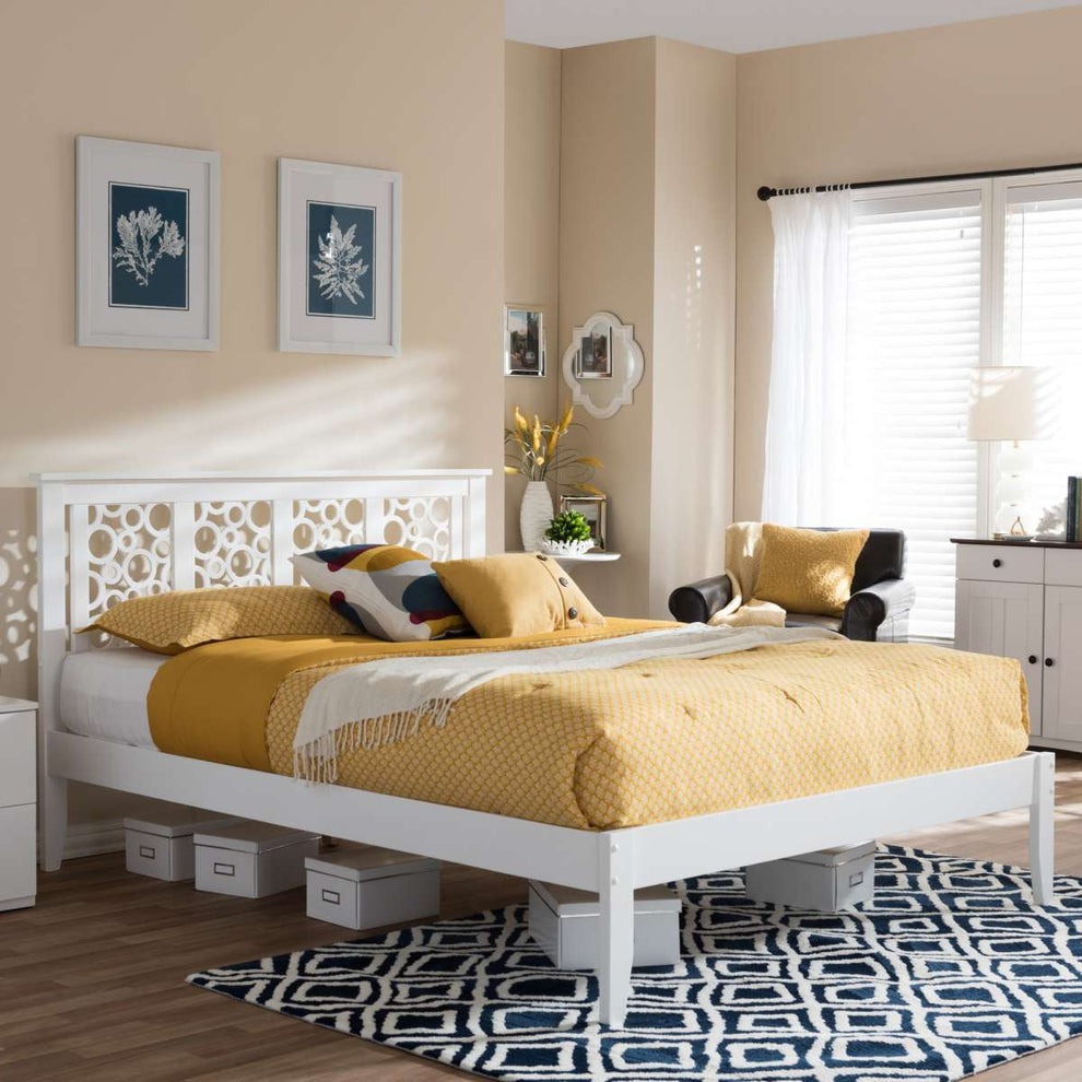 Baxton Studio Celine Modern and Contemporary Geometric Pattern White Solid Wood Queen Size Platform Bed | Beds | Modishstore