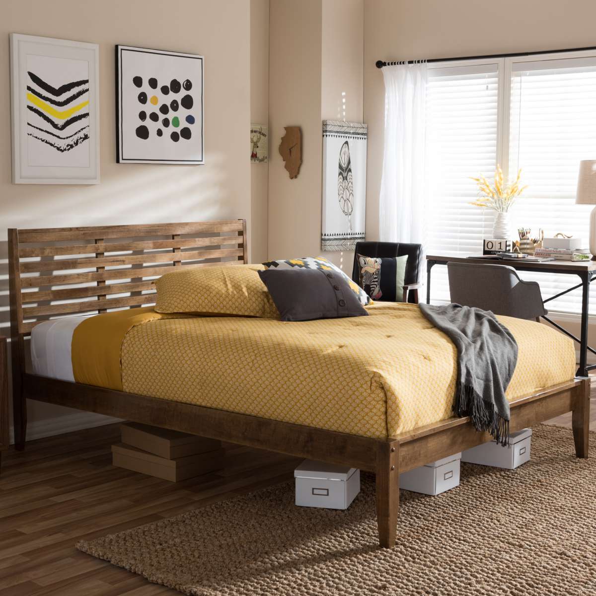 Baxton Studio Daylan Mid-Century Modern Solid Walnut Wood Slatted Queen Size Platform Bed | Beds | Modishstore