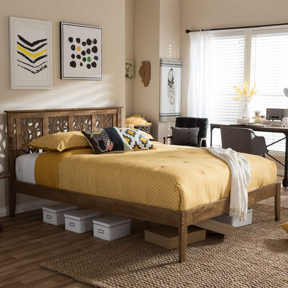 Baxton Studio Trina Contemporary Tree Branch Inspired Walnut Wood Queen Size Platform Bed | Beds | Modishstore