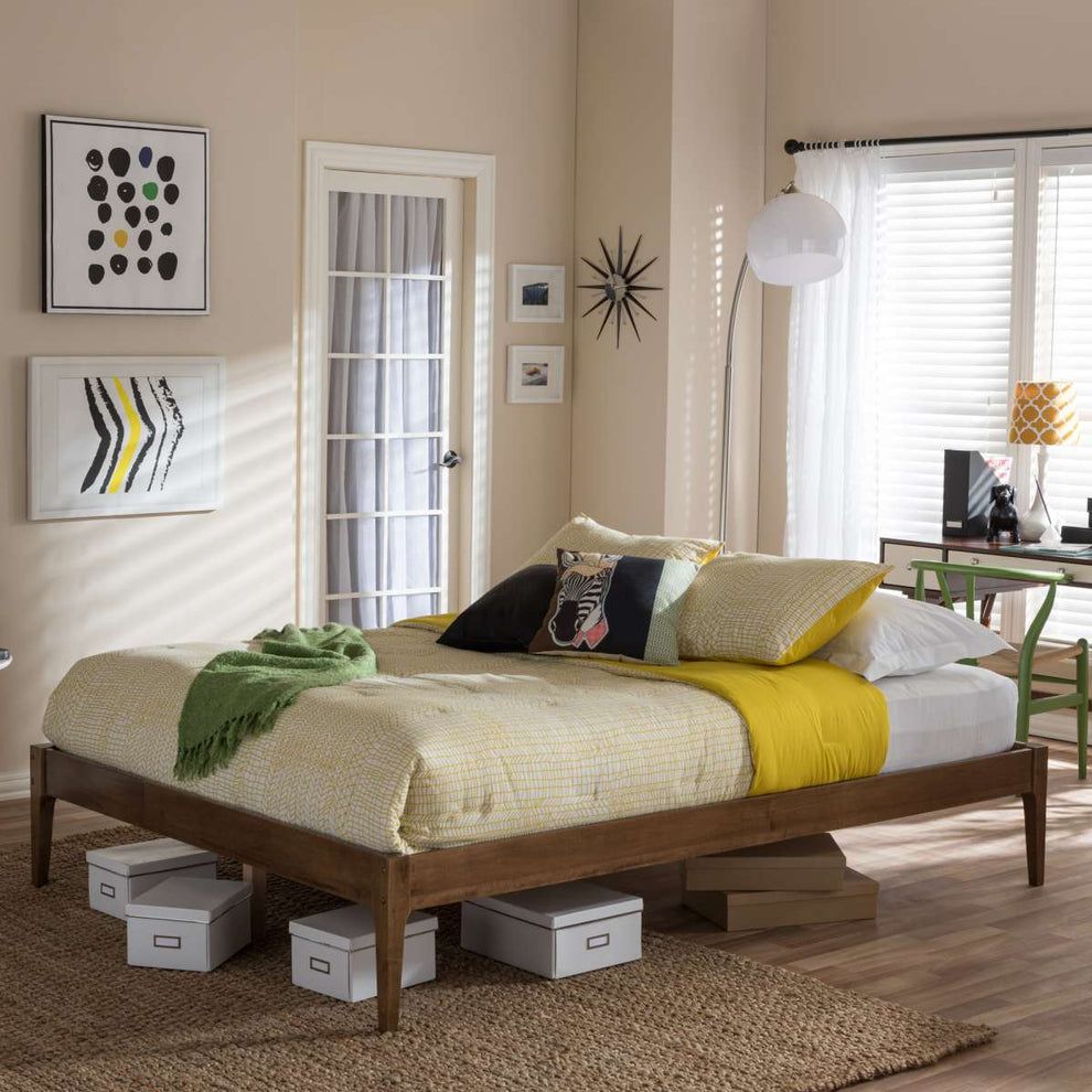 Baxton Studio Bentley Mid-Century Modern Walnut Finishing Solid Wood Queen Size Bed Frame | Beds | Modishstore