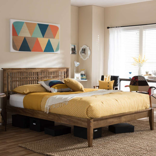 Baxton Studio Loafey Mid-Century Modern Solid Walnut Wood Window-Pane Style Full Size Platform Bed | Beds | Modishstore