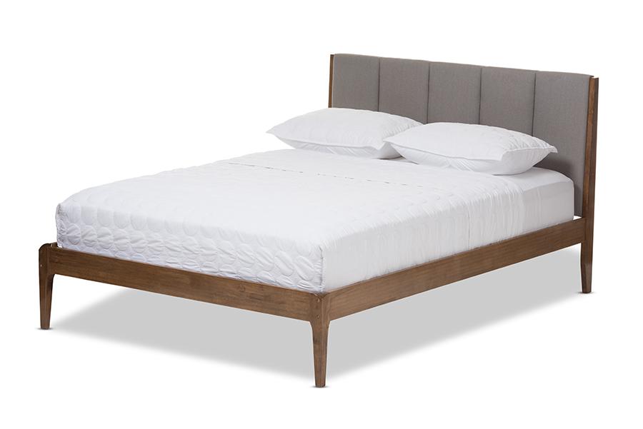 baxton studio ember mid century light grey fabric and medium brown finish wood queen size platform bed | Modish Furniture Store-2