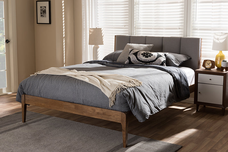 Baxton Studio Ember Mid-Century Light Grey Fabric and Medium Brown Finish Wood Queen Size Platform Bed | Modishstore | Beds