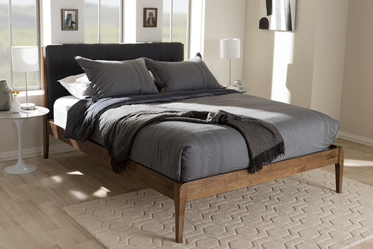 Baxton Studio Clifford Mid-Century Dark Grey Fabric and Medium Brown Finish Wood King Size Platform Bed | Modishstore | Beds