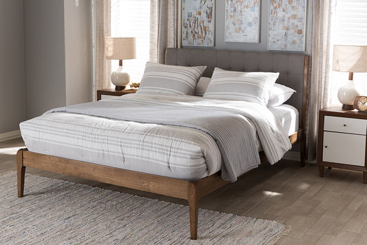 Baxton Studio Clifford Mid-Century Light Grey Fabric and Medium Brown Finish Wood Full Size Platform Bed | Modishstore | Beds