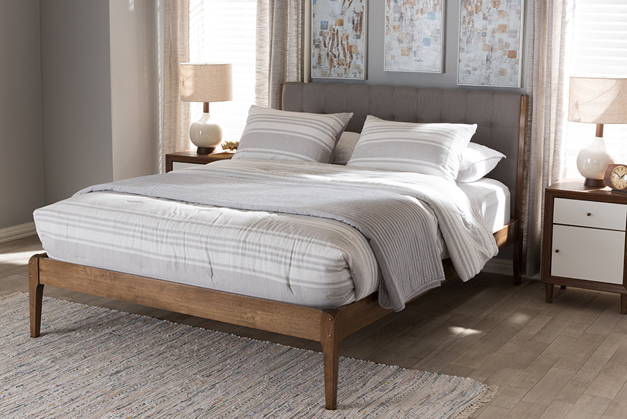 Baxton Studio Clifford Mid-Century Light Grey Fabric and Medium Brown Finish Wood Queen Size Platform Bed | Modishstore | Beds