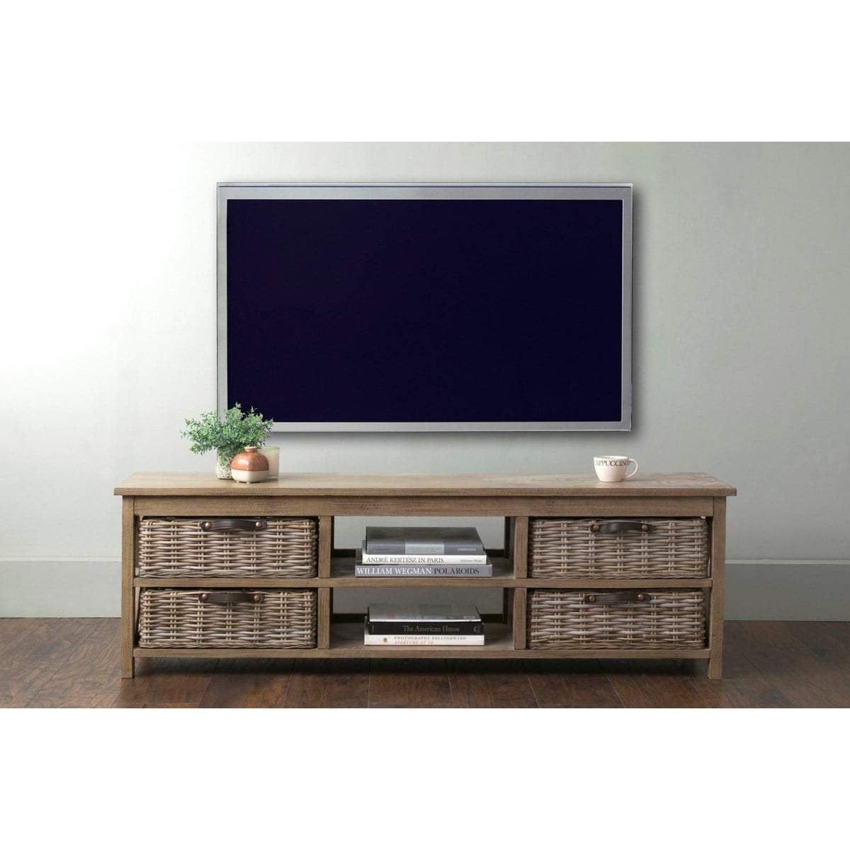 Simone Mango Wood TV Stand (2 Shelves+4 Baskets)-Grey by Jeffan | TV Stands | Modishstore