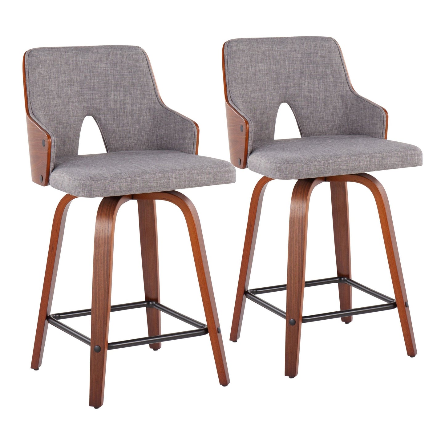 Stella 24" Mid-Century Modern Fixed Height Counter Stool with Swivel in Walnut and Light Grey Fabric By LumiSource - Set of 2 | Counter Stools | Modishstore - 2