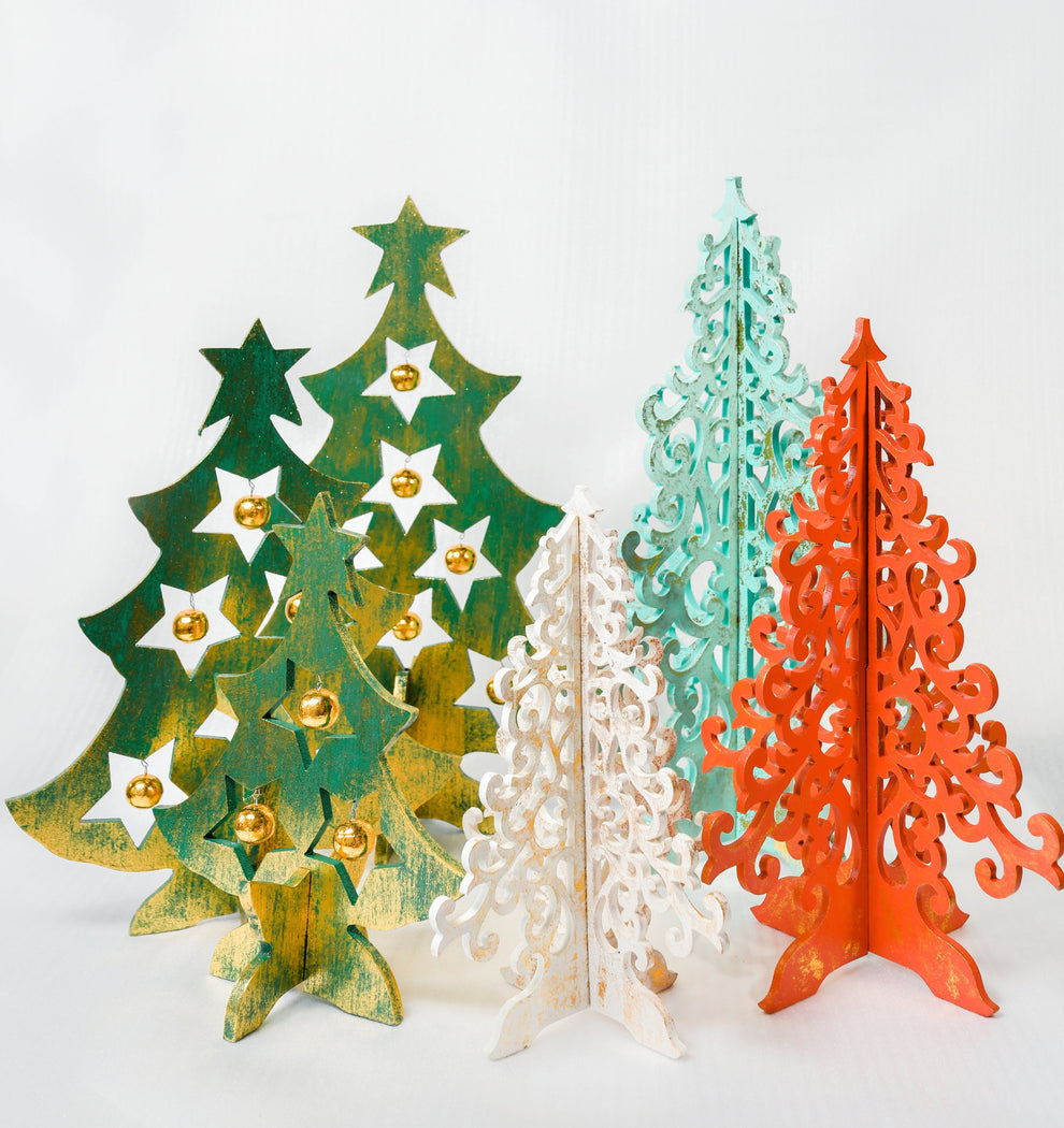 Yuletide Christmas Trees- Wooden-Set of 3- Green/Red/Pink/White-3