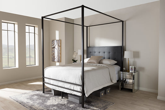 Baxton Studio Eleanor Vintage Industrial Black Finished Metal Canopy Queen Bed | Modishstore | Beds
