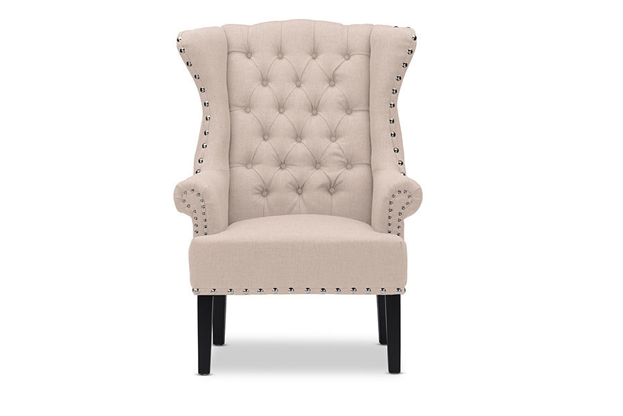 Baxton Studio Knuckey French Country Beige Linen Nail Head Wing Back Armchair | Modishstore | Armchairs