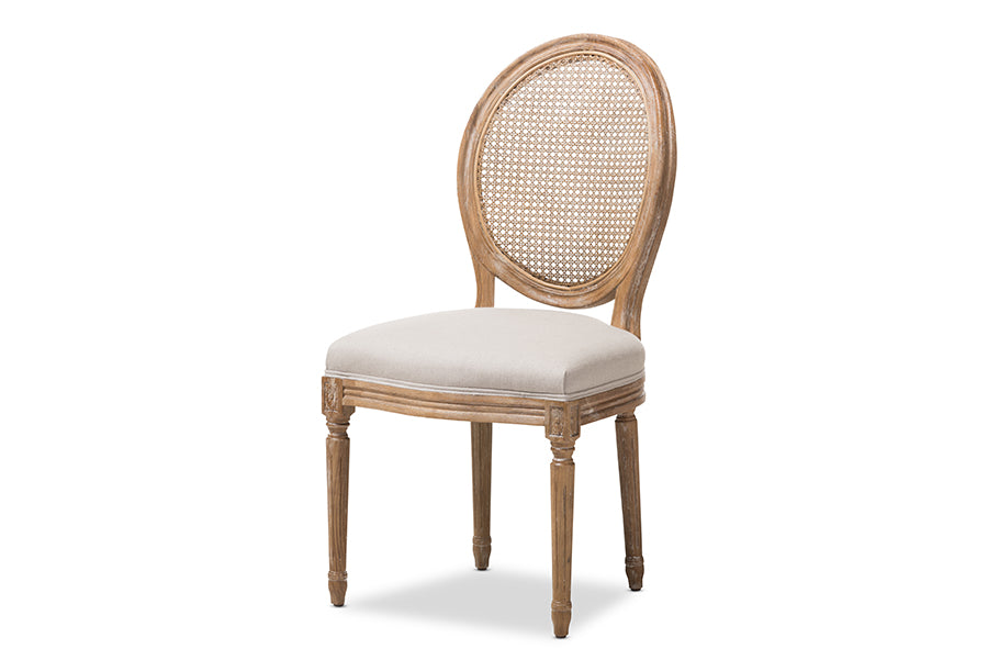 Baxton Studio Adelia French Vintage Cottage Weathered Oak Finish Wood and Beige Fabric Upholstered Dining Side Chair with Round Cane Back | Modishstore | Dining Chairs - 4