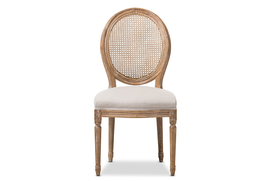 Baxton Studio Adelia French Vintage Cottage Weathered Oak Finish Wood and Beige Fabric Upholstered Dining Side Chair with Round Cane Back | Modishstore | Dining Chairs - 3