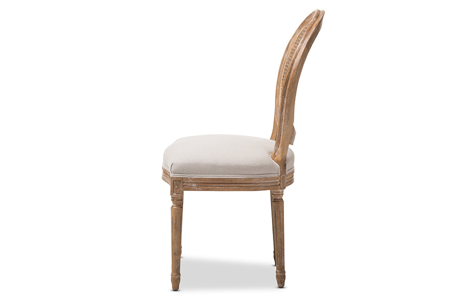 Baxton Studio Adelia French Vintage Cottage Weathered Oak Finish Wood and Beige Fabric Upholstered Dining Side Chair with Round Cane Back | Modishstore | Dining Chairs - 2