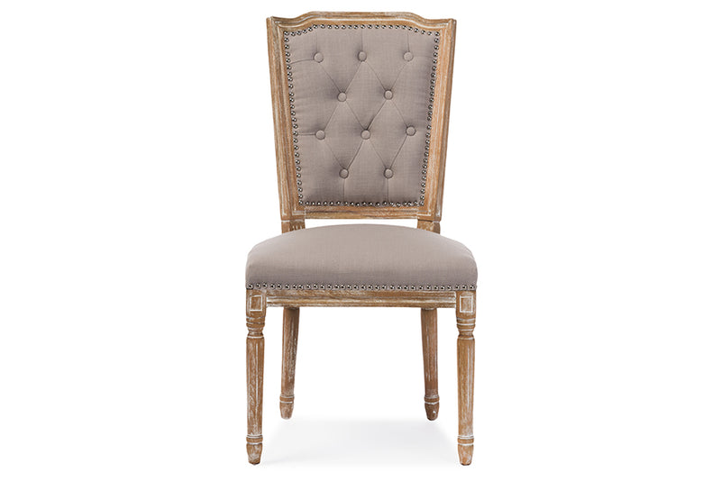 Baxton Studio Estelle Chic Rustic French Country Cottage Weathered Oak Beige Fabric Button-tufted Upholstered Dining Chair | Modishstore | Dining Chairs