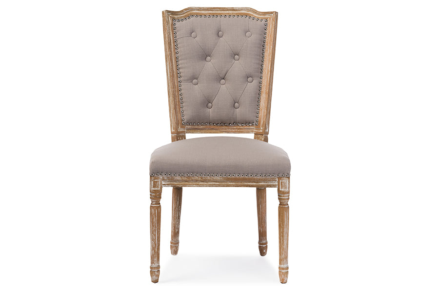 Baxton Studio Estelle Chic Rustic French Country Cottage Weathered Oak Beige Fabric Button-tufted Upholstered Dining Chair | Modishstore | Dining Chairs - 3