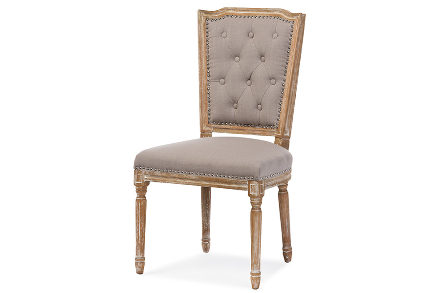 Baxton Studio Estelle Chic Rustic French Country Cottage Weathered Oak Beige Fabric Button-tufted Upholstered Dining Chair | Modishstore | Dining Chairs - 2